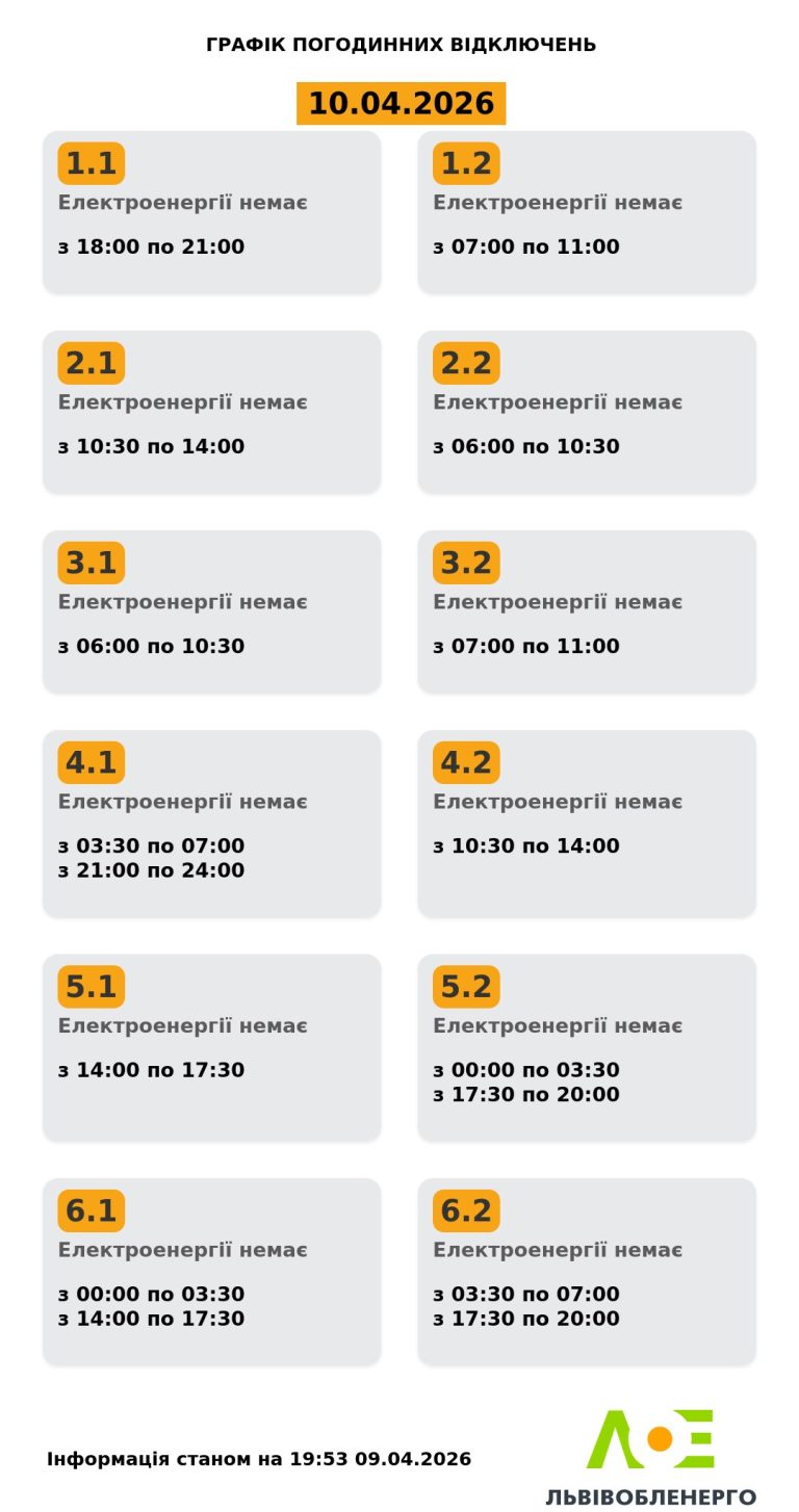 Погодинний розклад планових відключень електроенергії у Львівській області на 10 квітня 2026