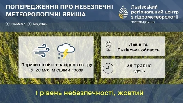 28 травня на Львівщині прогнозують поривистий вітер і місцеві грози