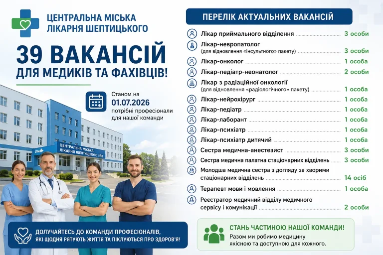 Центральна міська лікарня Шептицького оголосила набір — 39 вакансій для медиків