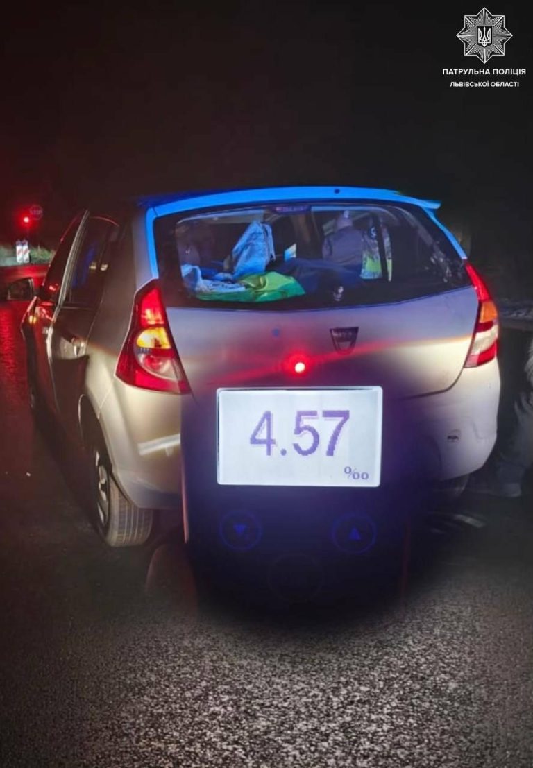 На Львівщині водія Dacia затримали за кермом із алкоголем у крові майже у 23 рази більше допустимого